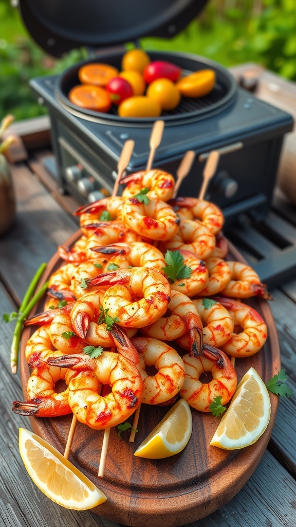 Spicy grilled shrimp kebabs arranged on a wooden platter with lemon wedges and fresh herbs.